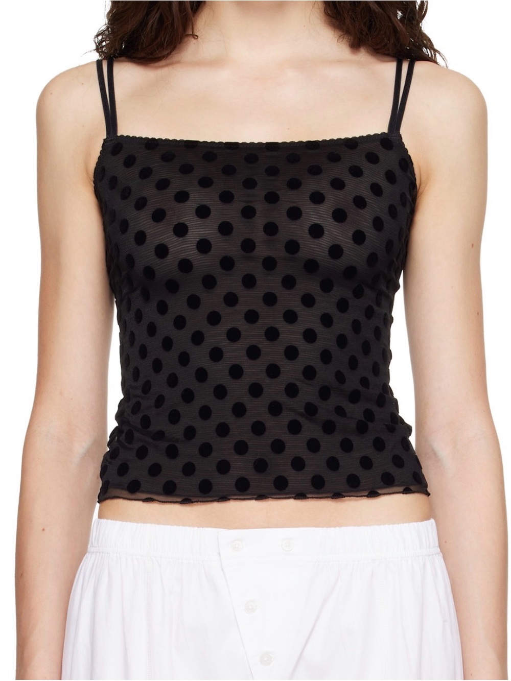 fruity booty black polka flock tank top